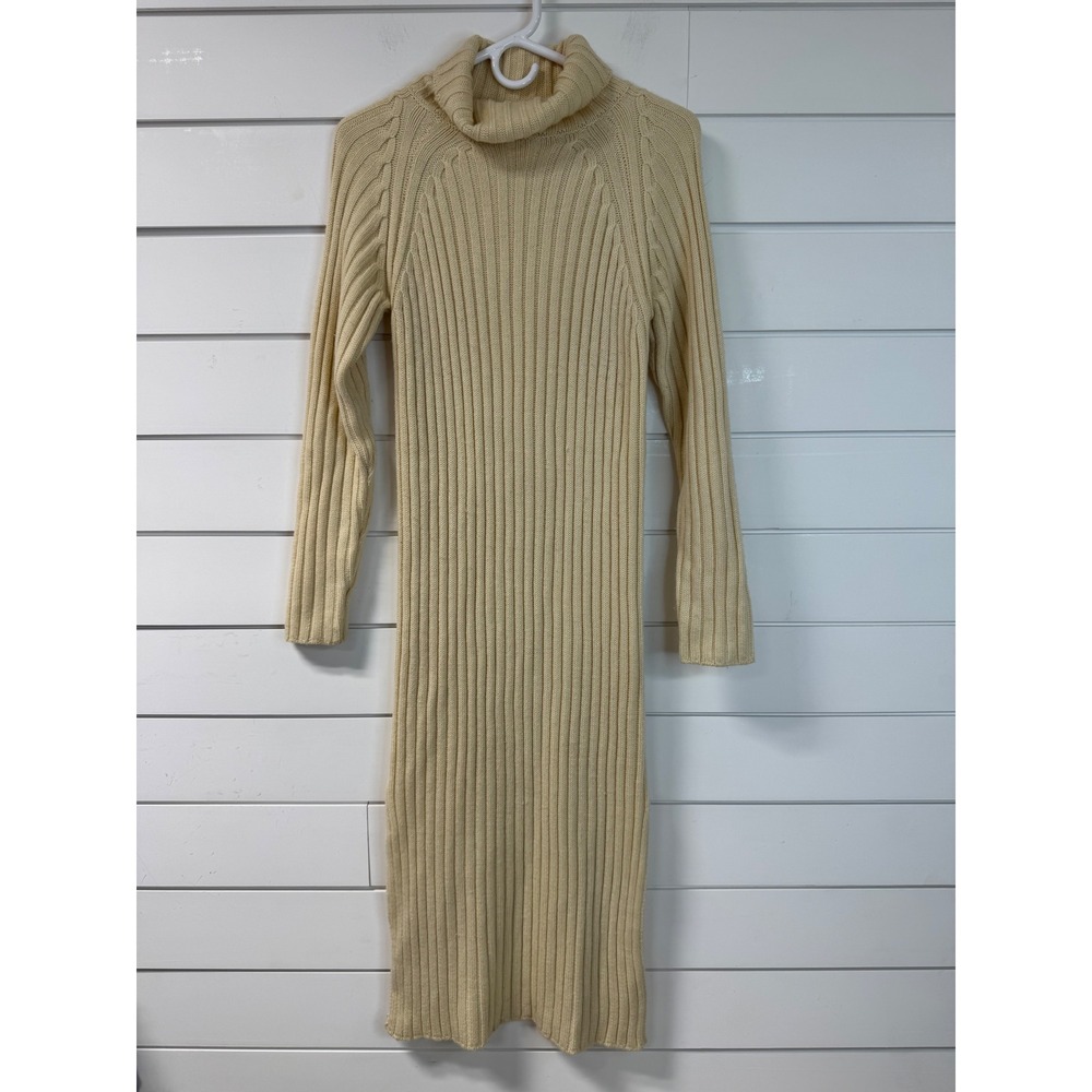 Doe & Rae Cream Ribbed Turtleneck Sweater Dress Midi Side Slit Small S 1425C